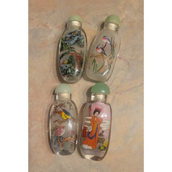Set of Four Glass Chinese Reverse Painted Snuff / Perfume Bottles. - Picture 1 of 11